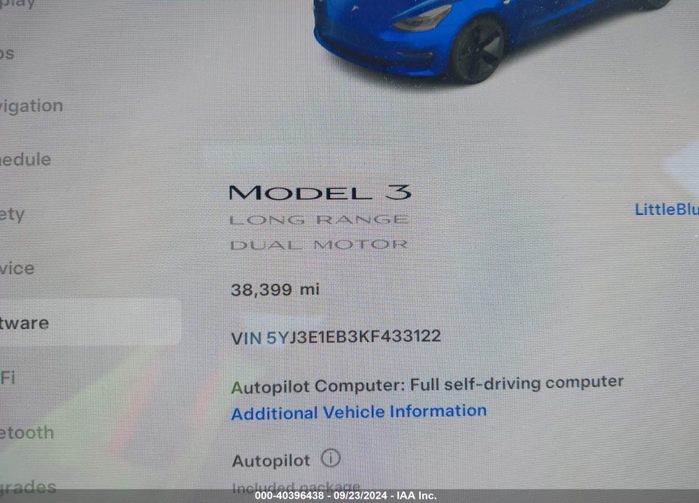 2019 TESLA MODEL 3 LONG RANGE/PERFORMANCE VIN: 5YJ3E1EB3KF433122