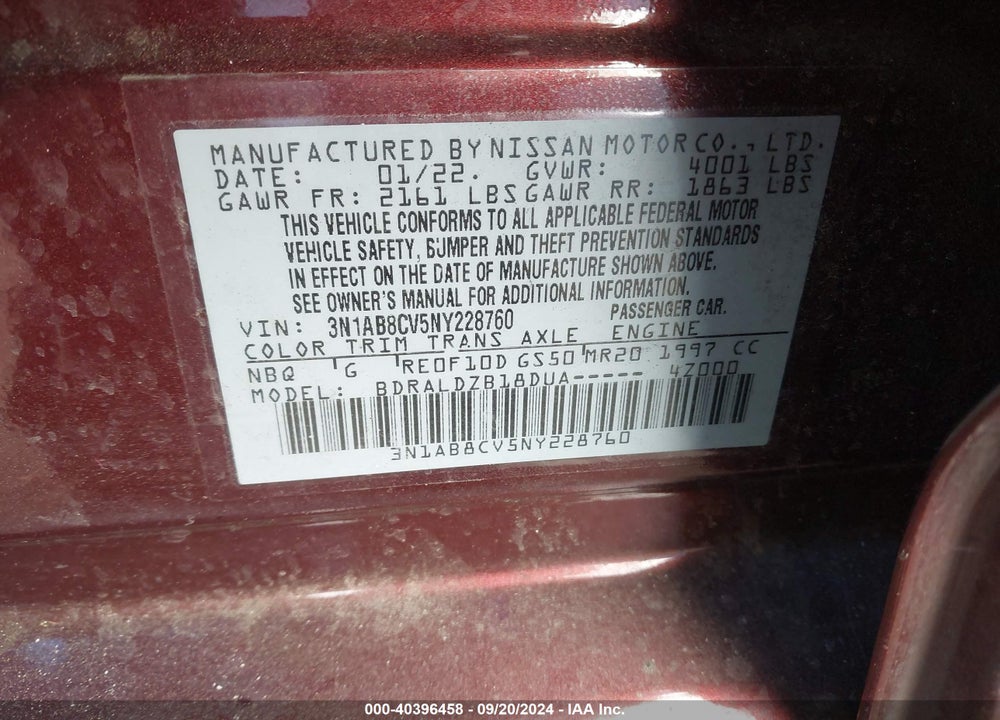 2022 NISSAN SENTRA SV XTRONIC CVT VIN: 3N1AB8CV5NY228760
