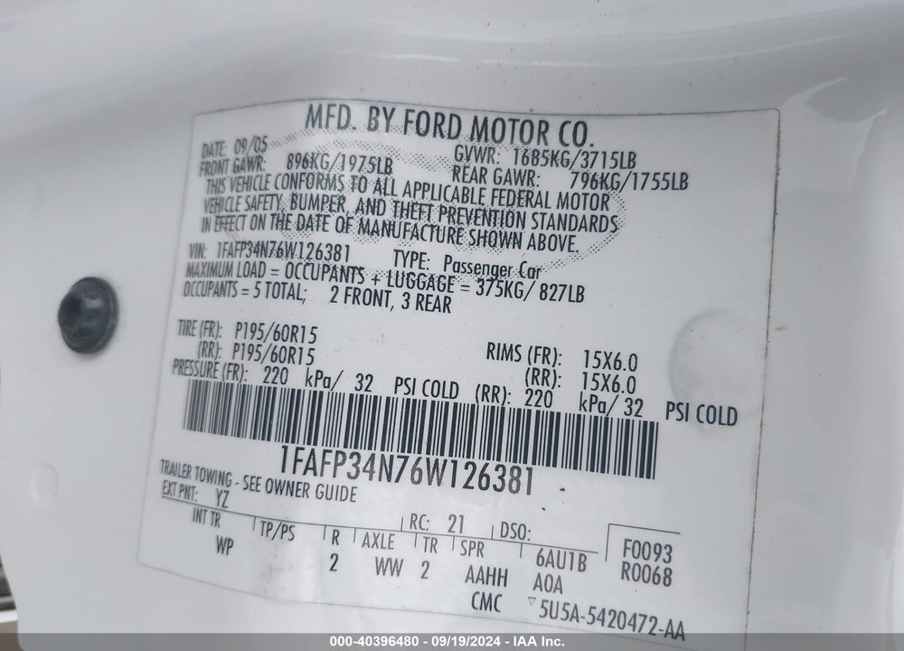 2006 FORD FOCUS ZX4 VIN: 1FAFP34N76W126381