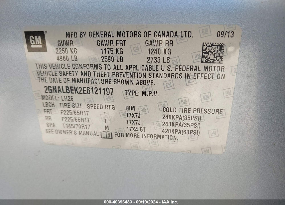 2014 CHEVROLET EQUINOX 1LT VIN: 2GNALBEK2E6121197