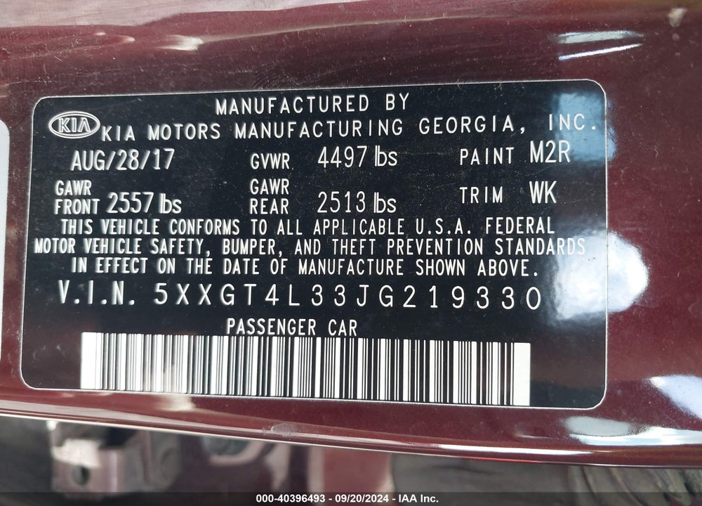 2018 KIA OPTIMA LX VIN: 5XXGT4L33JG219330