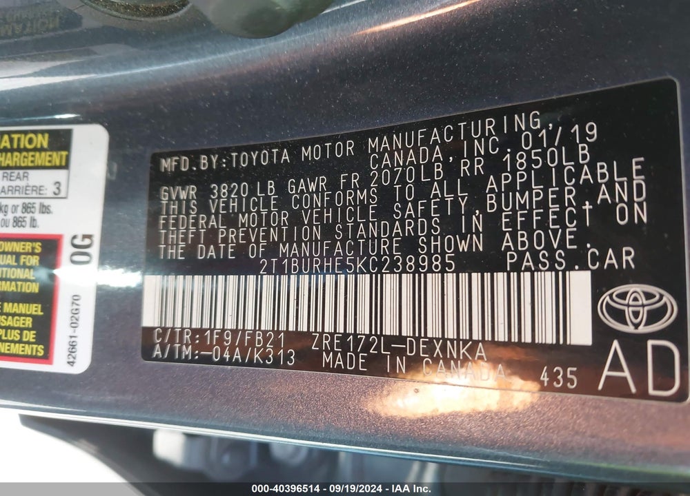 2019 TOYOTA COROLLA LE VIN: 2T1BURHE5KC238985