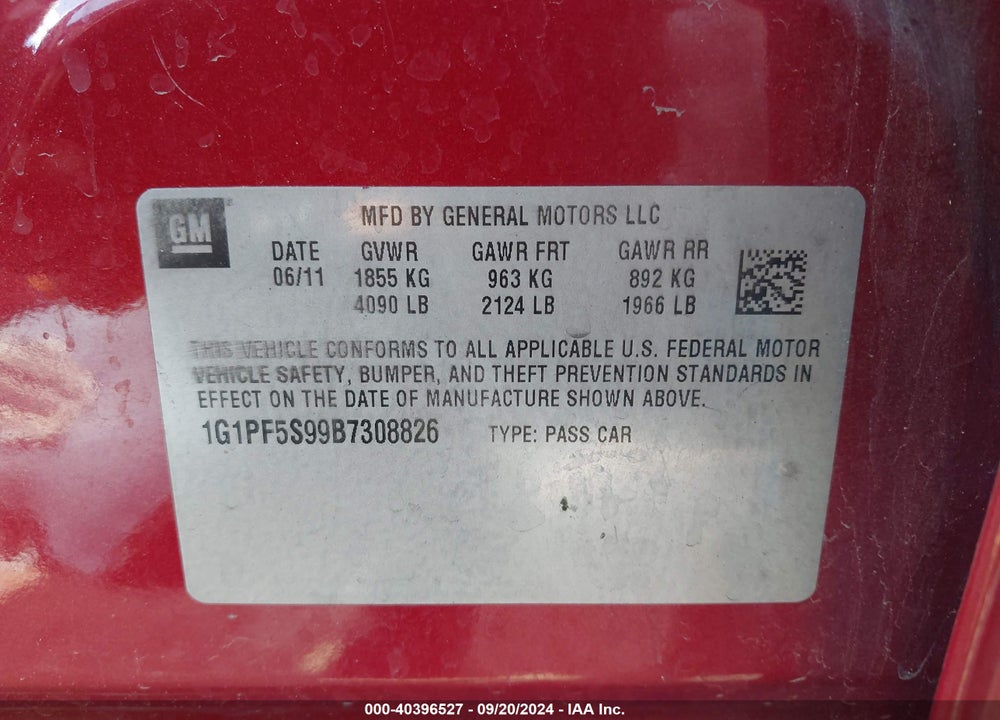 2011 CHEVROLET CRUZE 1LT VIN: 1G1PF5S99B7308826