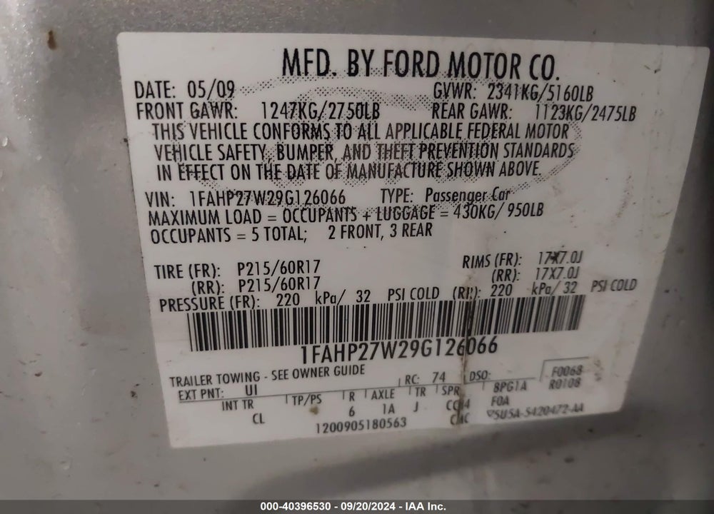 2009 FORD TAURUS SEL VIN: 1FAHP27W29G126066