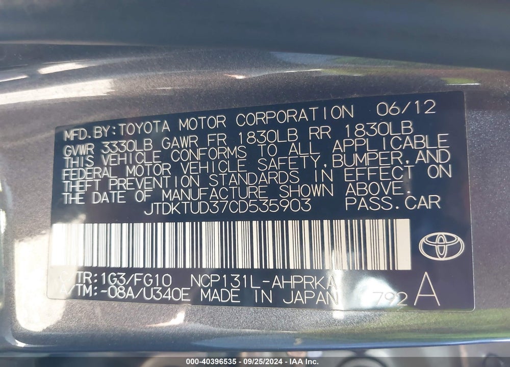 2012 TOYOTA YARIS LE VIN: JTDKTUD37CD535903