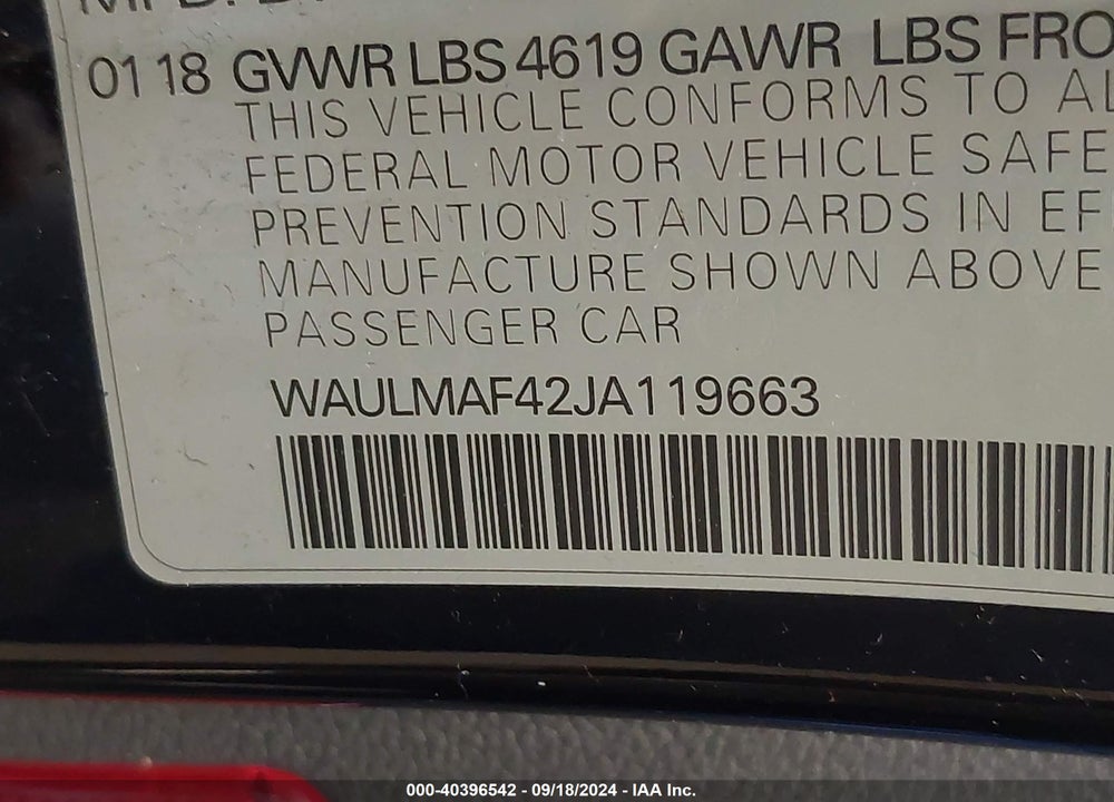 2018 AUDI A4 2.0T TECH ULTRA PREMIUM/2.0T ULTRA PREMIUM VIN: WAULMAF42JA119663