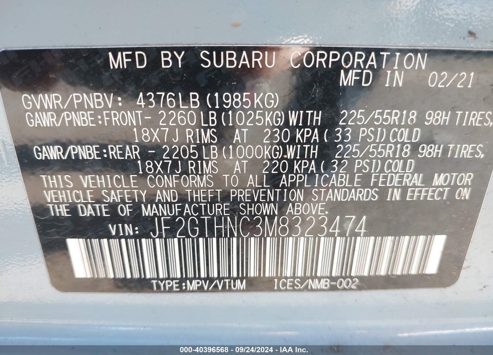 2021 SUBARU CROSSTREK LIMITED VIN: JF2GTHNC3M8323474