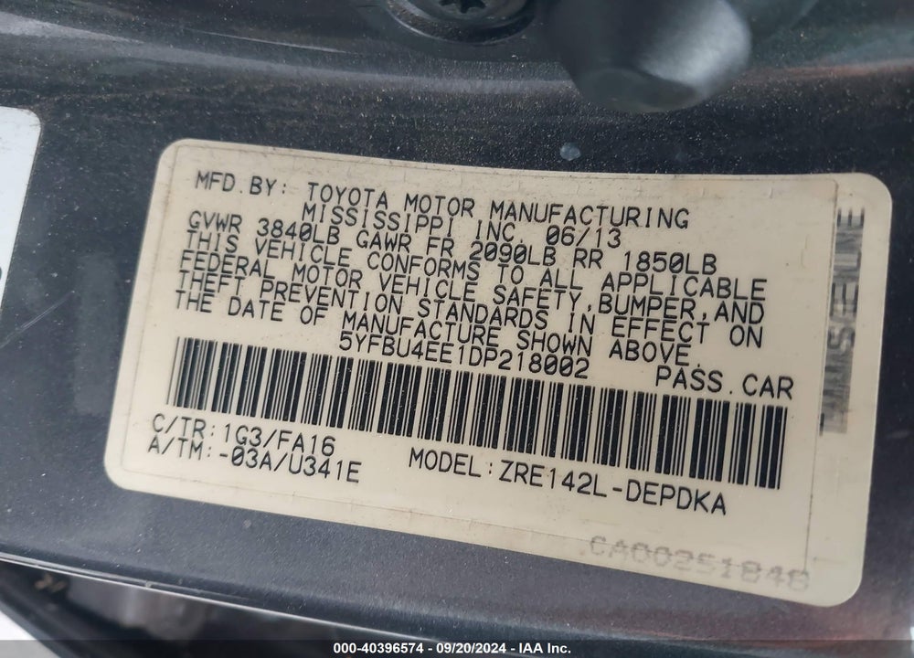 2013 TOYOTA COROLLA L VIN: 5YFBU4EE1DP218002