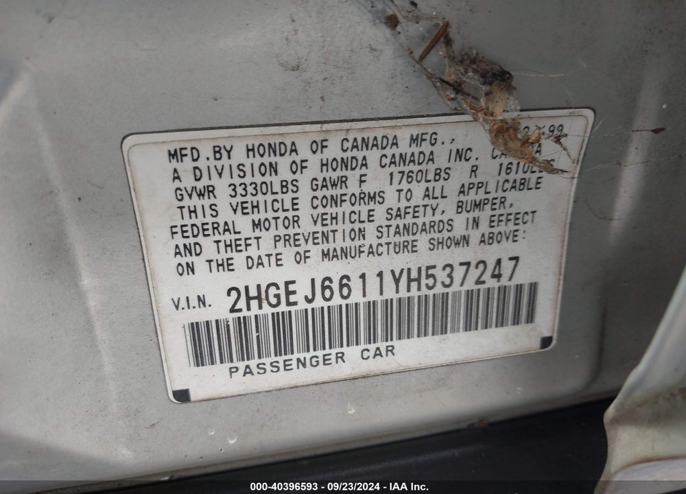 2000 HONDA CIVIC VALUE PACKAGE VIN: 2HGEJ6611YH537247