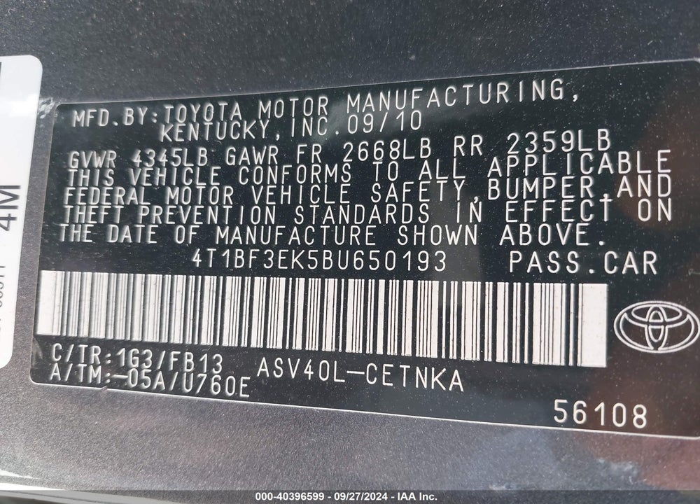2011 TOYOTA CAMRY LE VIN: 4T1BF3EK5BU650193