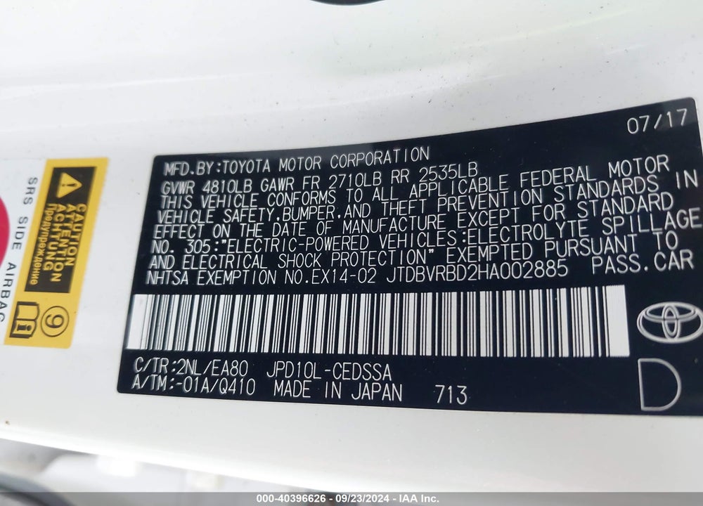 2017 TOYOTA MIRAI VIN: JTDBVRBD2HA002885