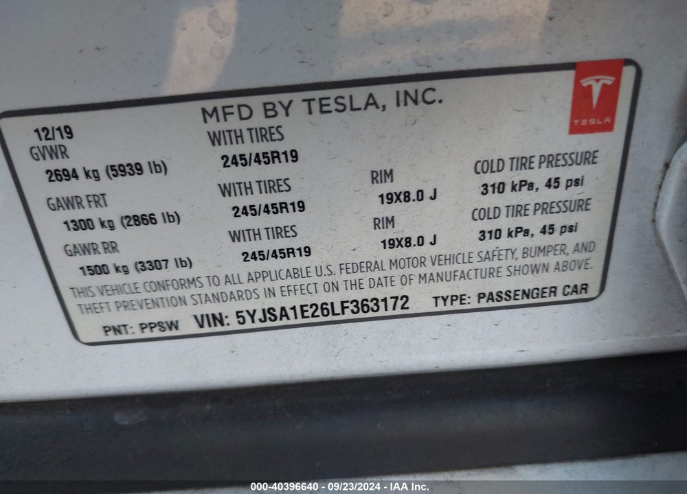 2020 TESLA MODEL S LONG RANGE DUAL MOTOR ALL-WHEEL DRIVE/LONG RANGE PLUS DUAL MOTOR ALL-WHEEL DRIVE VIN: 5YJSA1E26LF363172