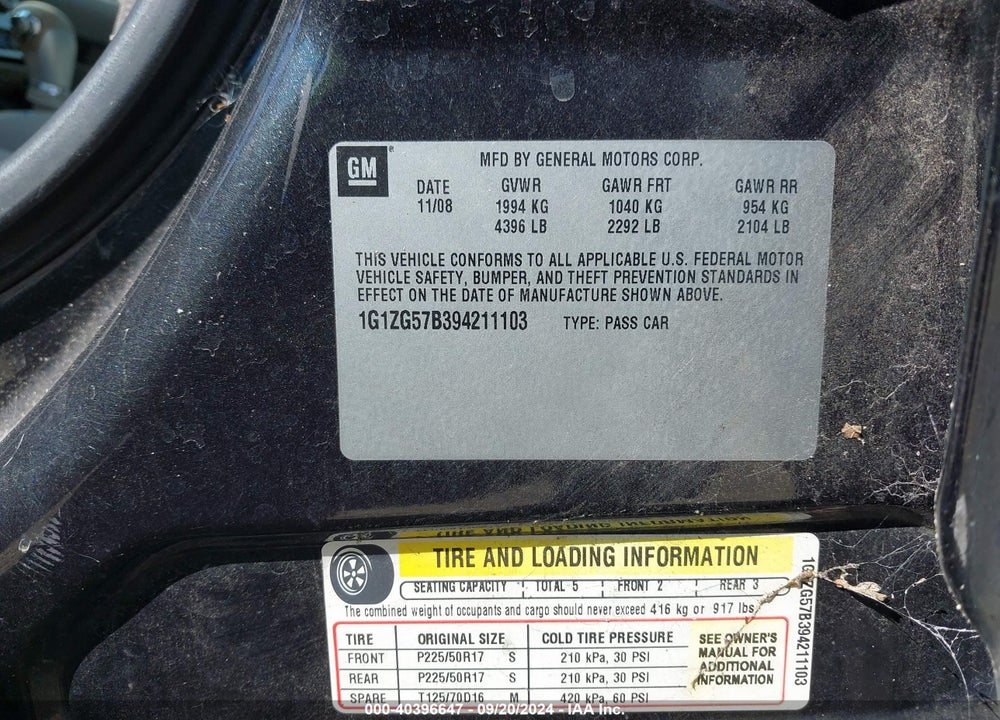 2009 CHEVROLET MALIBU LS VIN: 1G1ZG57B394211103