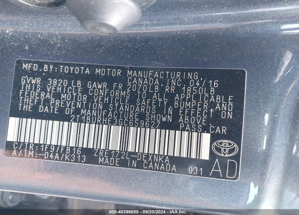 2016 TOYOTA COROLLA LE VIN: 2T1BURHE3GC659627