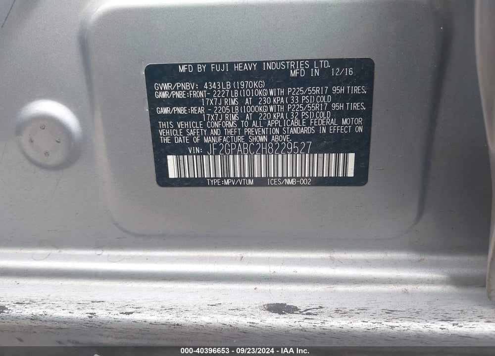 2017 SUBARU CROSSTREK 2.0I PREMIUM VIN: JF2GPABC2H8229527