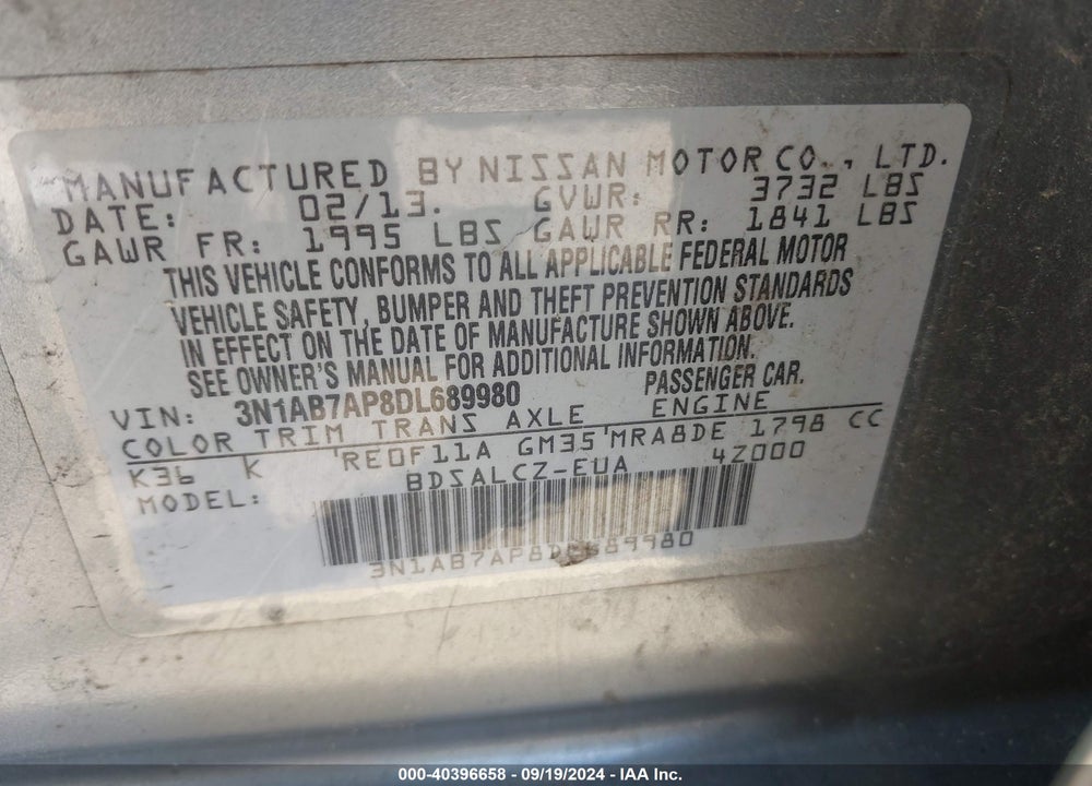 2013 NISSAN SENTRA S VIN: 3N1AB7AP8DL689980