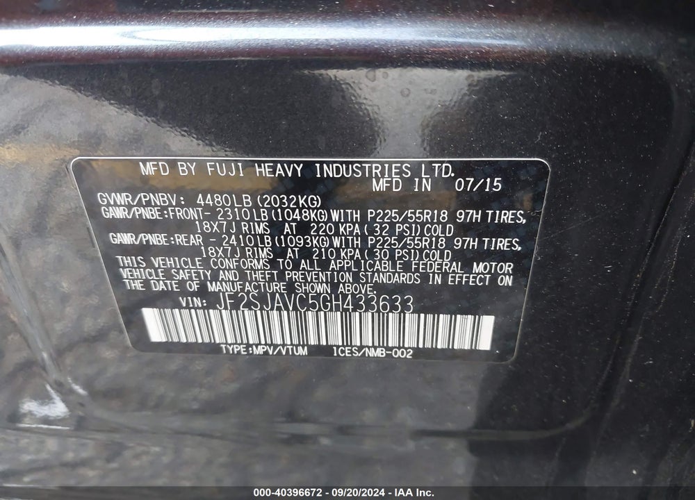 2016 SUBARU FORESTER 2.5I TOURING VIN: JF2SJAVC5GH433633
