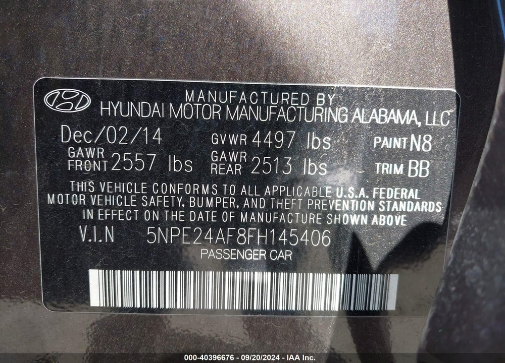 2015 HYUNDAI SONATA SE VIN: 5NPE24AF8FH145406