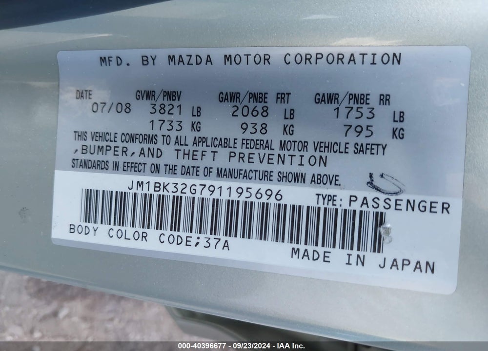2009 MAZDA 3 I VIN: JM1BK32G791195696