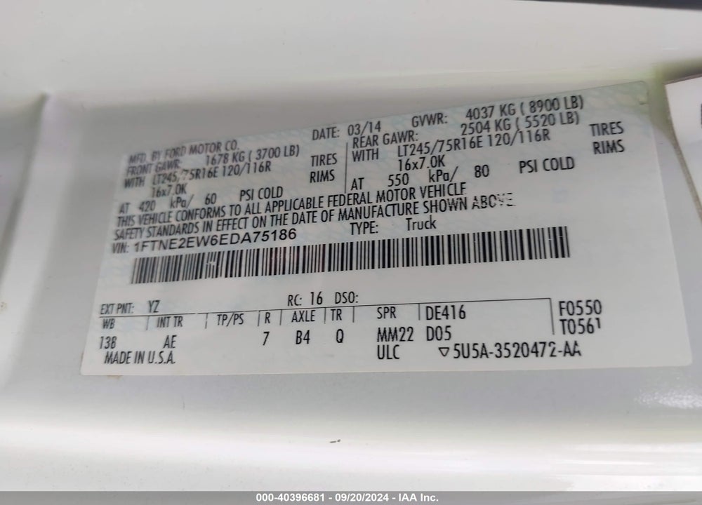 2014 FORD E-250 COMMERCIAL VIN: 1FTNE2EW6EDA75186