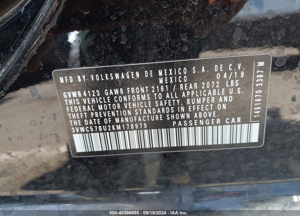 2019 VOLKSWAGEN JETTA 1.4T R-LINE/1.4T S/1.4T SE VIN: 3VWC57BU2KM178979