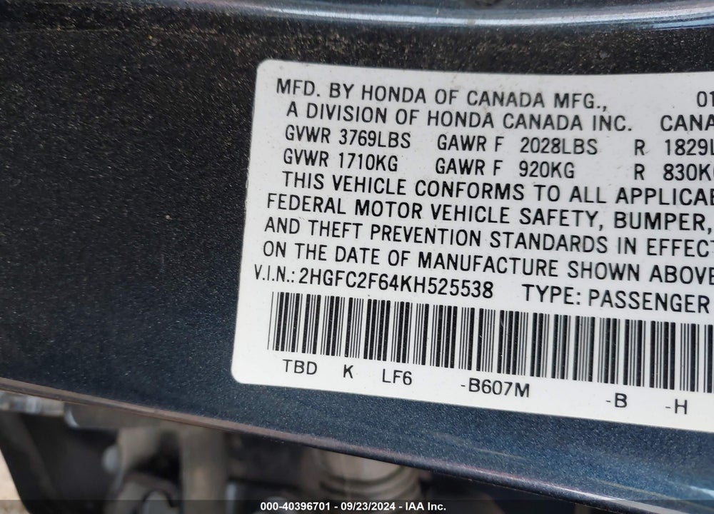 2019 HONDA CIVIC LX VIN: 2HGFC2F64KH525538