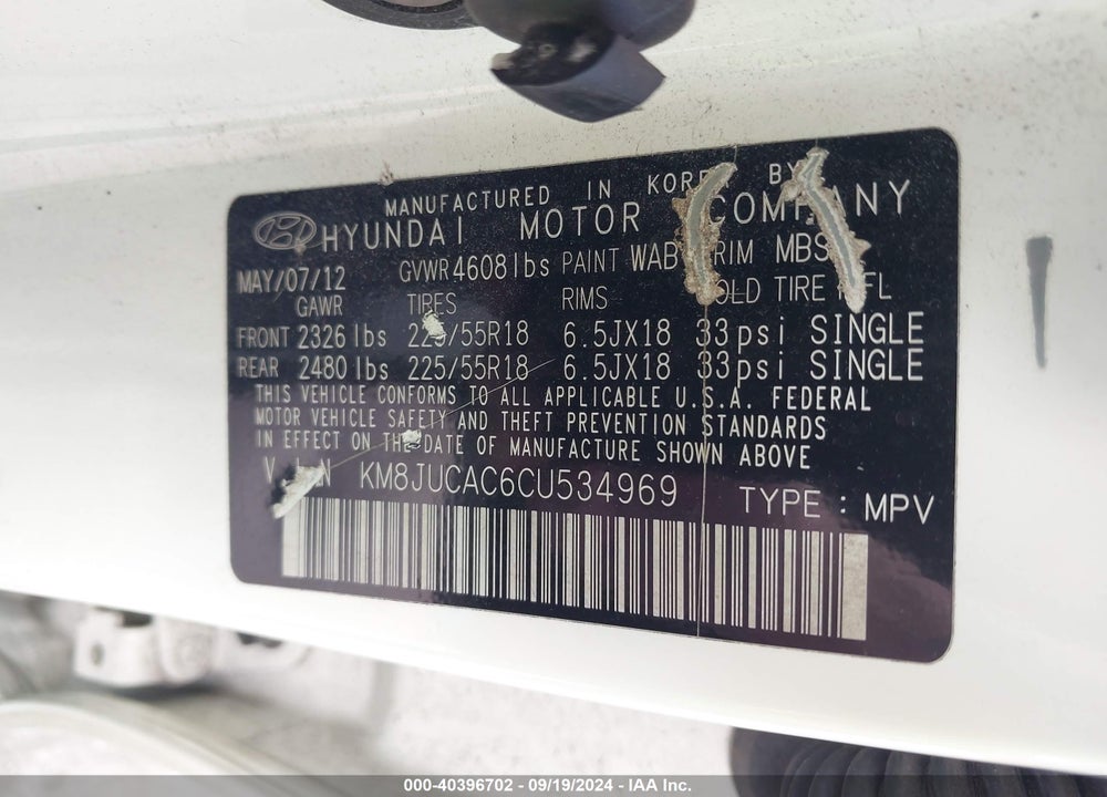 2012 HYUNDAI TUCSON LIMITED VIN: KM8JUCAC6CU534969