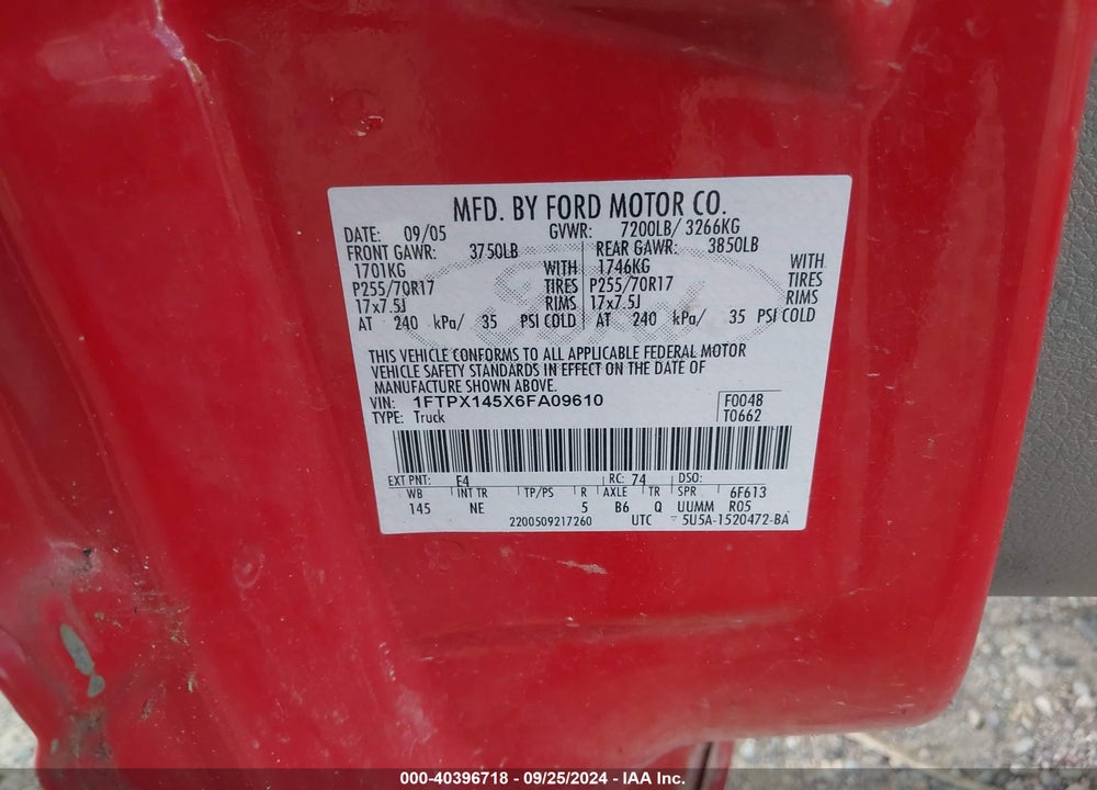 2006 FORD F-150 FX4/LARIAT/XL/XLT VIN: 1FTPX145X6FA09610