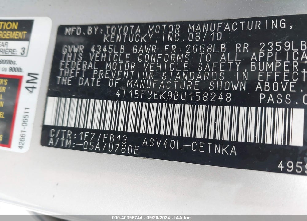 2011 TOYOTA CAMRY LE VIN: 4T1BF3EK9BU158248