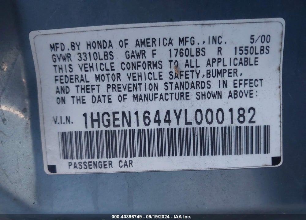 2000 HONDA CIVIC GX VIN: 1HGEN1644YL000182
