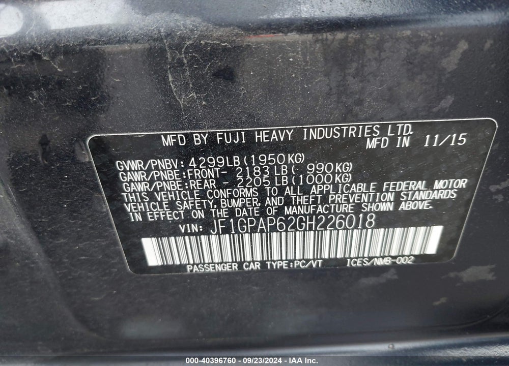 2016 SUBARU IMPREZA 2.0I SPORT PREMIUM VIN: JF1GPAP62GH226018