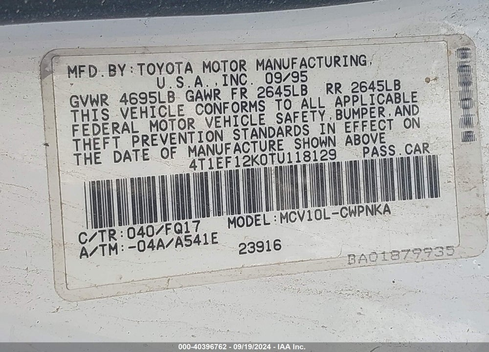 1996 TOYOTA CAMRY LE VIN: 4T1EF12K0TU118129