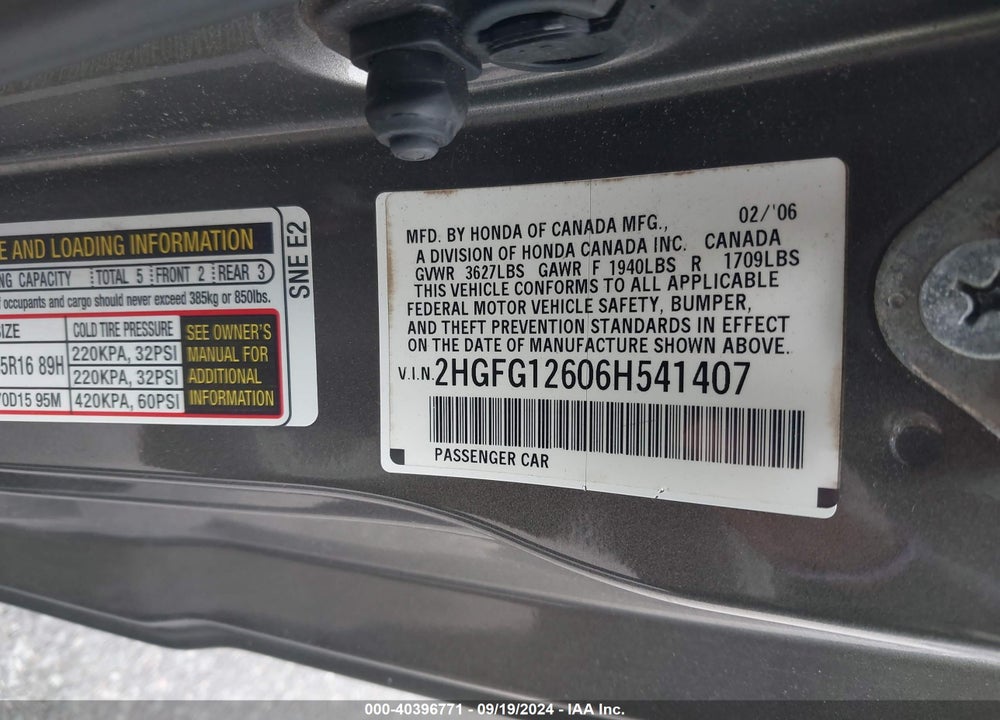 2006 HONDA CIVIC LX VIN: 2HGFG12606H541407