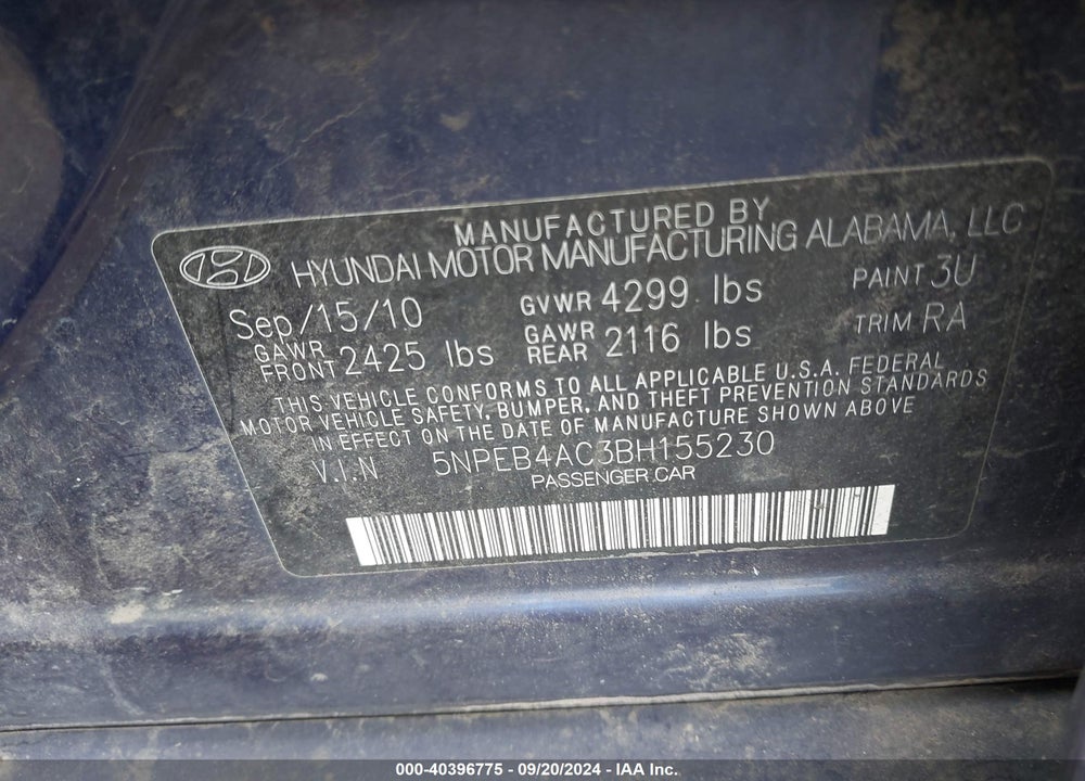 2011 HYUNDAI SONATA GLS VIN: 5NPEB4AC3BH155230