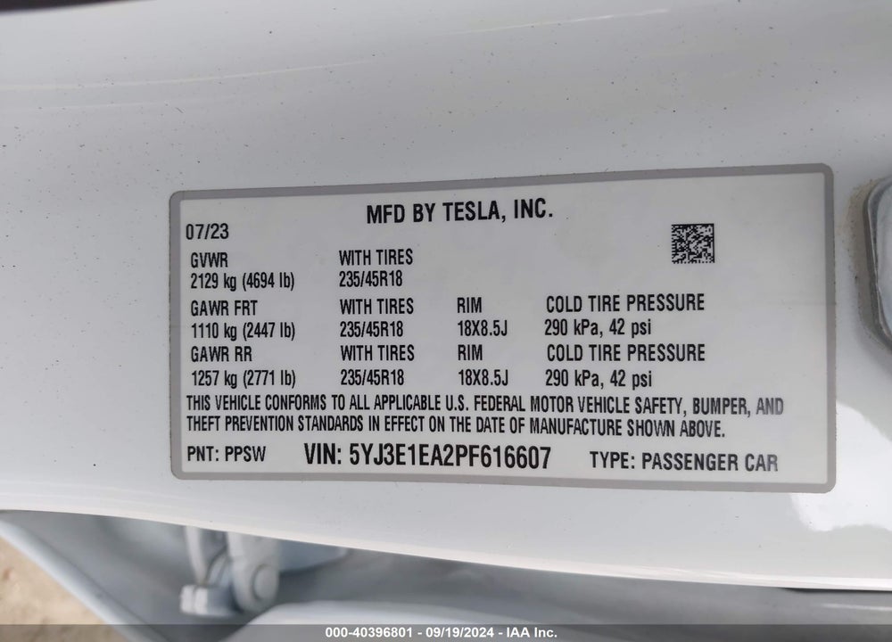 2023 TESLA MODEL 3 REAR-WHEEL DRIVE VIN: 5YJ3E1EA2PF616607