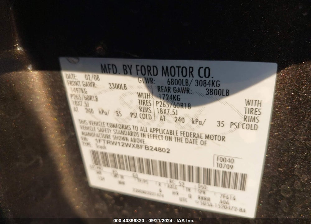 2008 FORD F-150 60TH ANNIVERSARY/FX2/XL/XLT VIN: 1FTRW12WX8FB24802