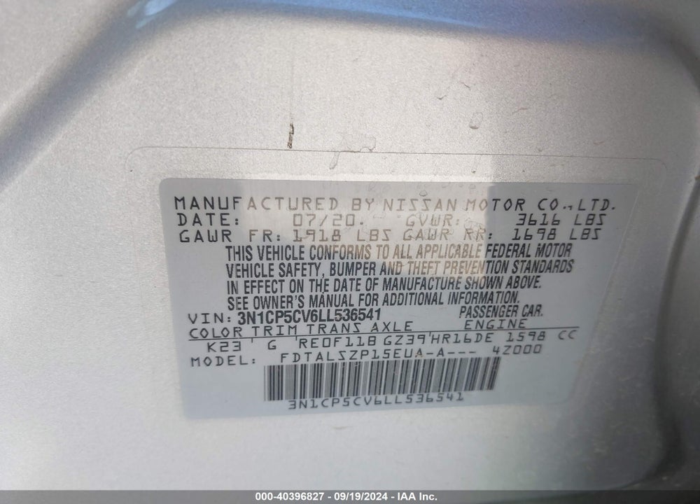 2020 NISSAN KICKS SV XTRONIC CVT VIN: 3N1CP5CV6LL536541