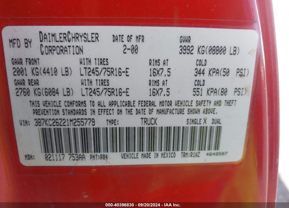 2001 DODGE RAM 2500 ST VIN: 3B7KC26Z21M255779