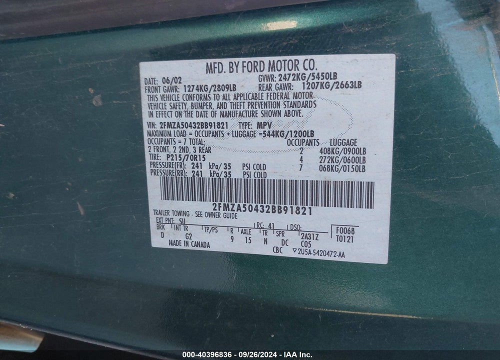 2002 FORD WINDSTAR LX VIN: 2FMZA50432BB91821
