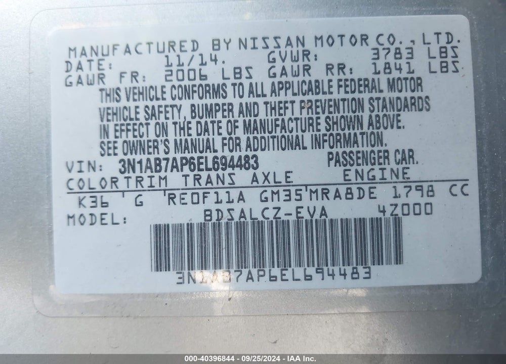2014 NISSAN SENTRA S VIN: 3N1AB7AP6EL694483