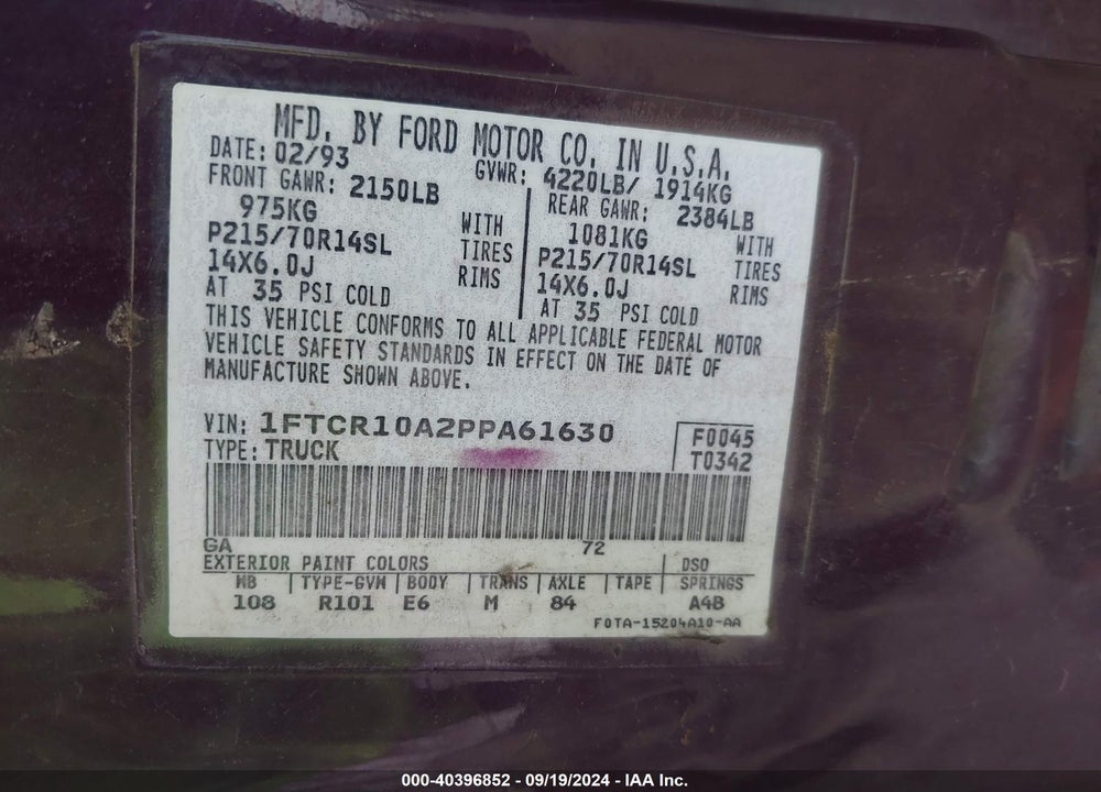 1993 FORD RANGER VIN: 1FTCR10A2PPA61630