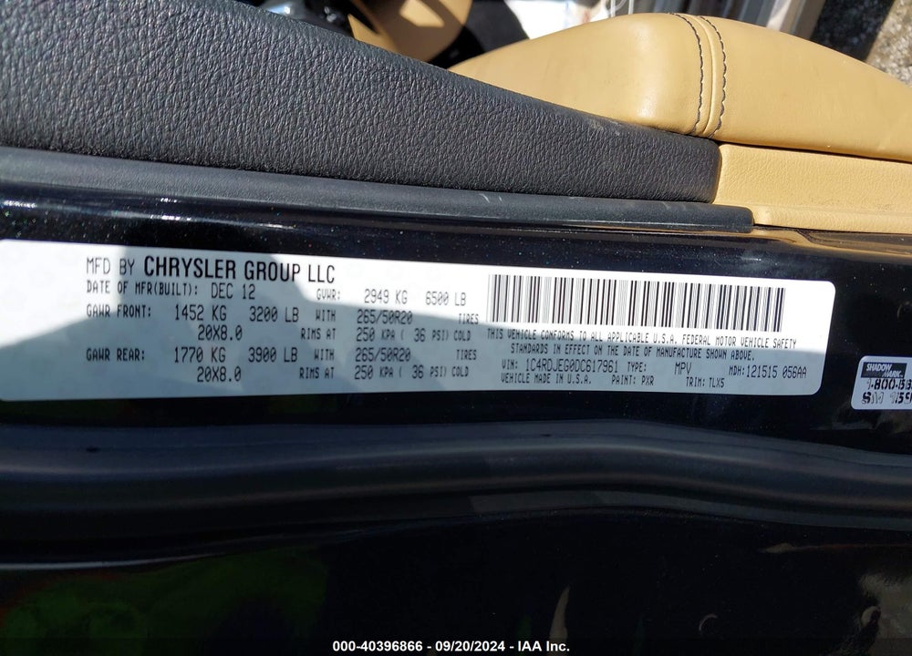 2013 DODGE DURANGO CITADEL VIN: 1C4RDJEG0DC617961