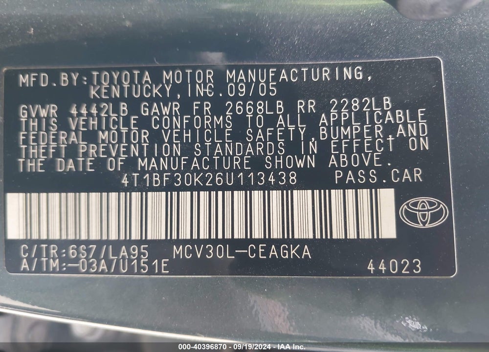 2006 TOYOTA CAMRY XLE V6 VIN: 4T1BF30K26U113438