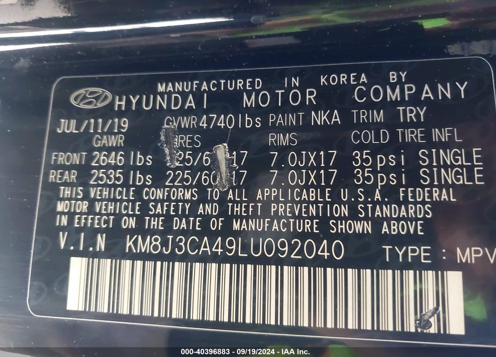 2020 HYUNDAI TUCSON VALUE VIN: KM8J3CA49LU092040