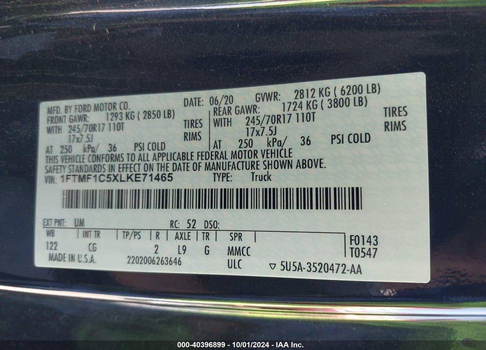 2020 FORD F-150 XL VIN: 1FTMF1C5XLKE71465