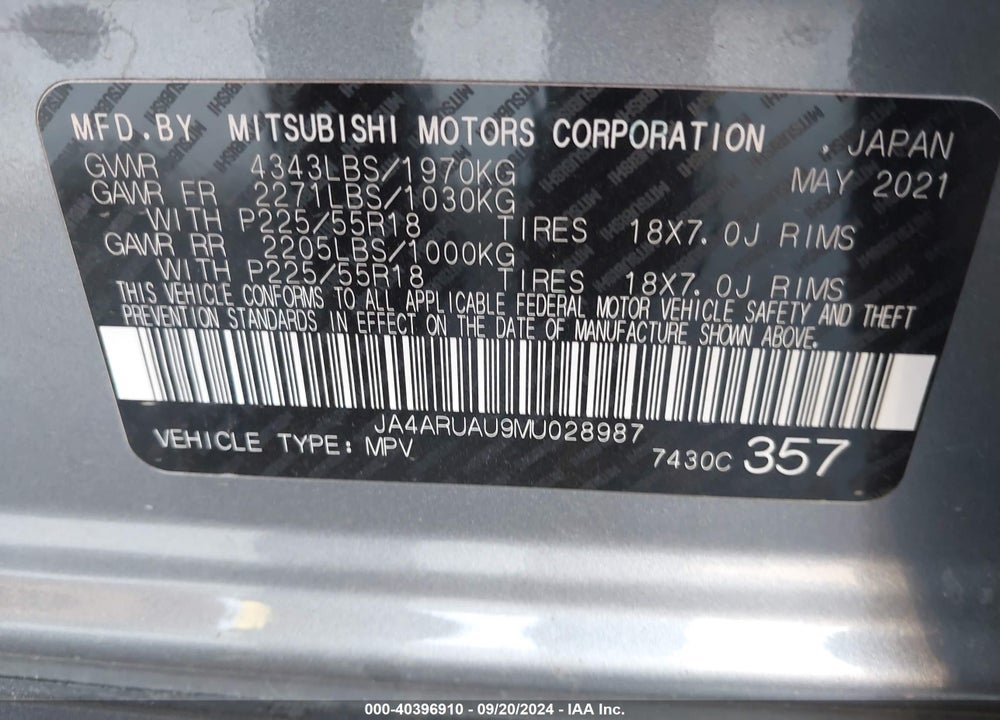 2021 MITSUBISHI OUTLANDER SPORT 2.0 BE AWC/2.0 ES AWC/2.0 LE AWC/2.0 SE AWC VIN: JA4ARUAU9MU028987