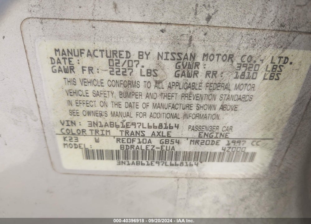 2007 NISSAN SENTRA 2.0S VIN: 3N1AB61E97L668164