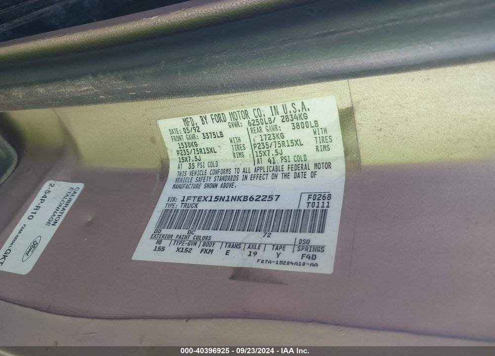1992 FORD F150 VIN: 1FTEX15N1NKB62257