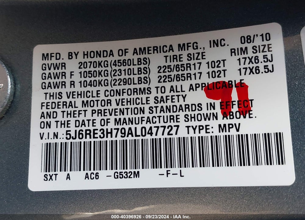 2010 HONDA CR-V EX-L VIN: 5J6RE3H79AL047727