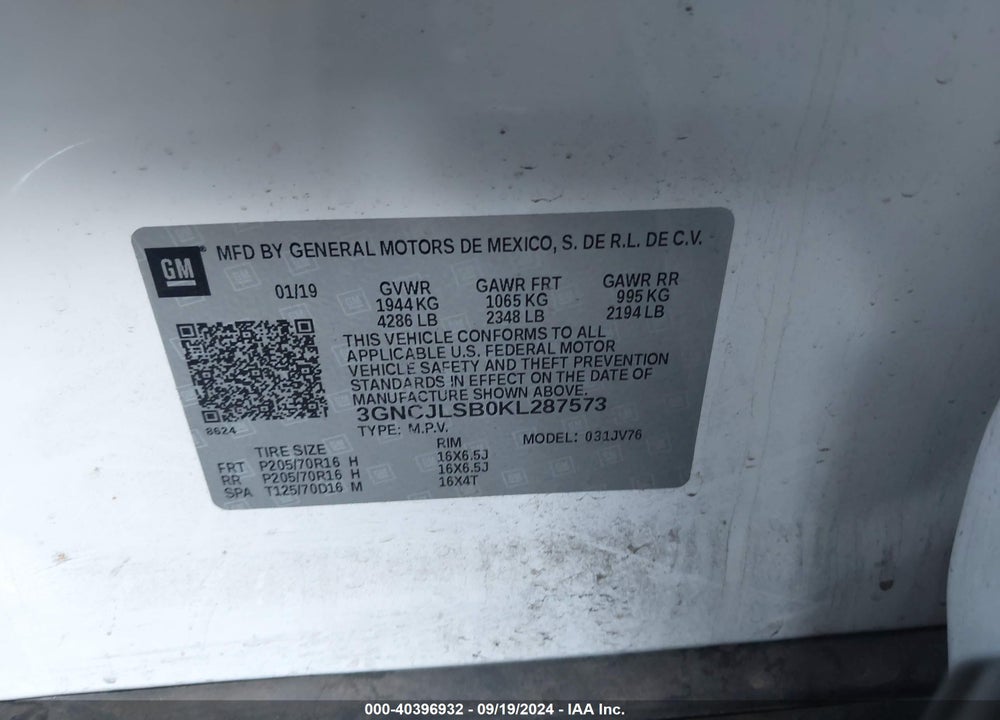 2019 CHEVROLET TRAX LT VIN: 3GNCJLSB0KL287573